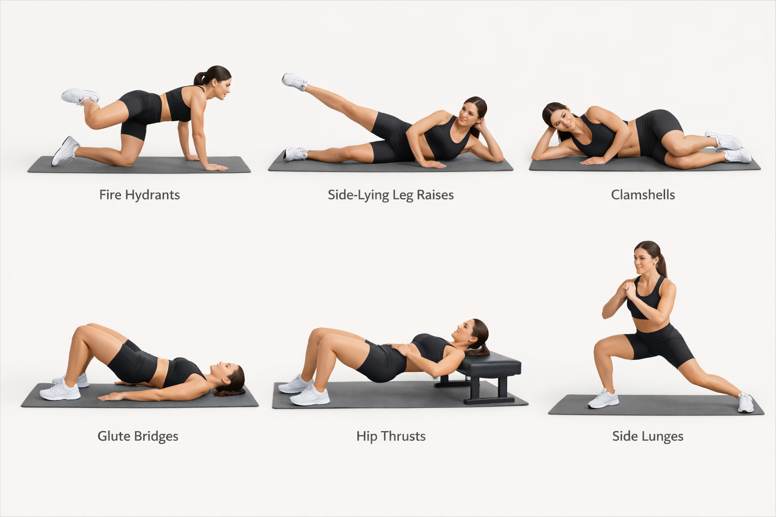 Six exercises for hip dips including fire hydrants, clamshells, glute bridges and hip thrusts