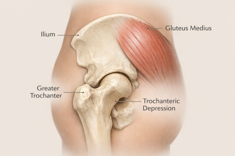Anatomical illustration of hip dip showing ilium, greater trochanter and trochanteric depression