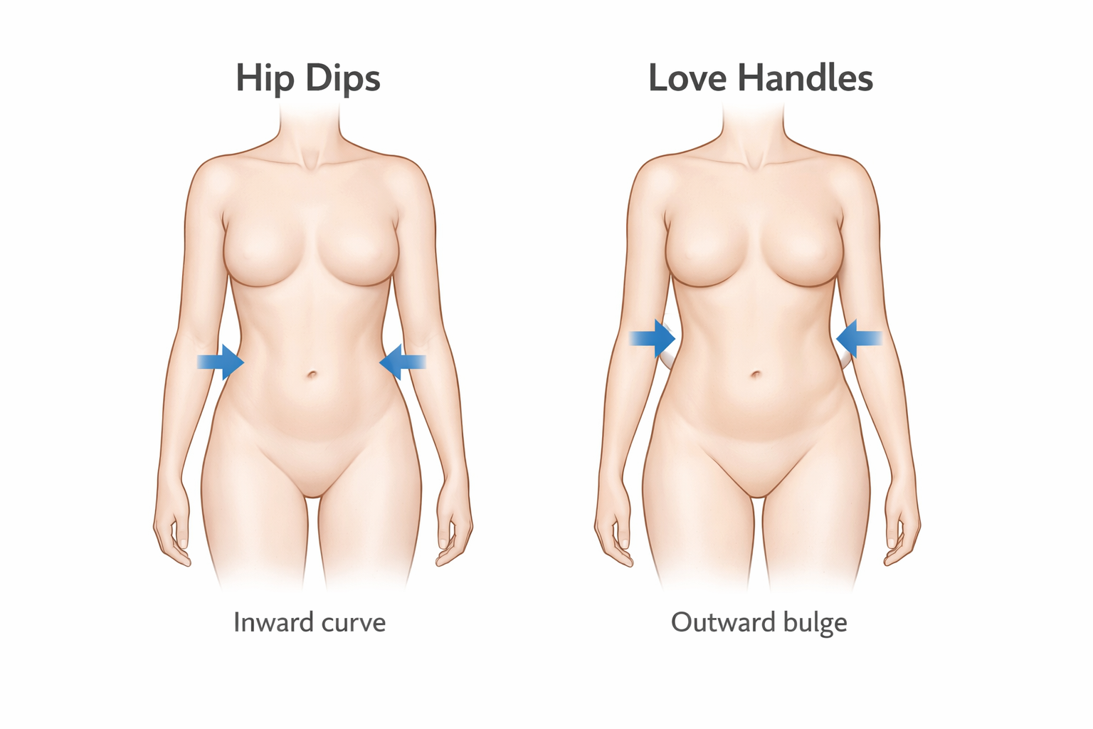 Comparison illustration showing the anatomical difference between hip dips and love handles