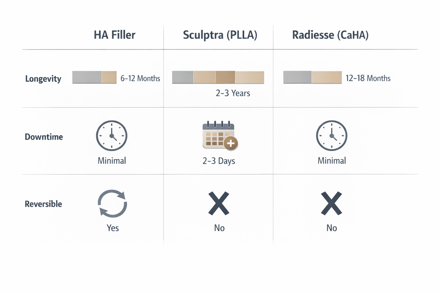 Infographic comparing HA filler, Sculptra and Radiesse for non-surgical hip dip treatment