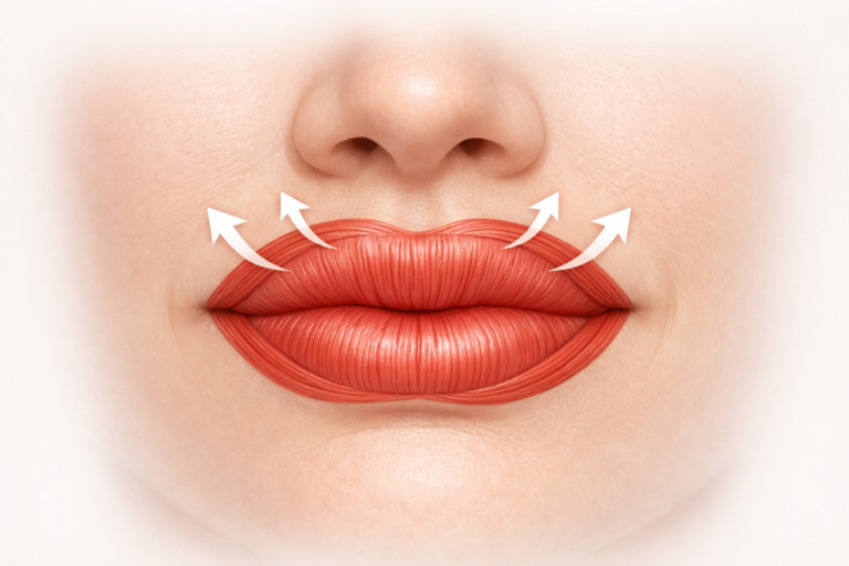 Illustration of orbicularis oris muscle relaxation causing upper lip eversion in a lip flip