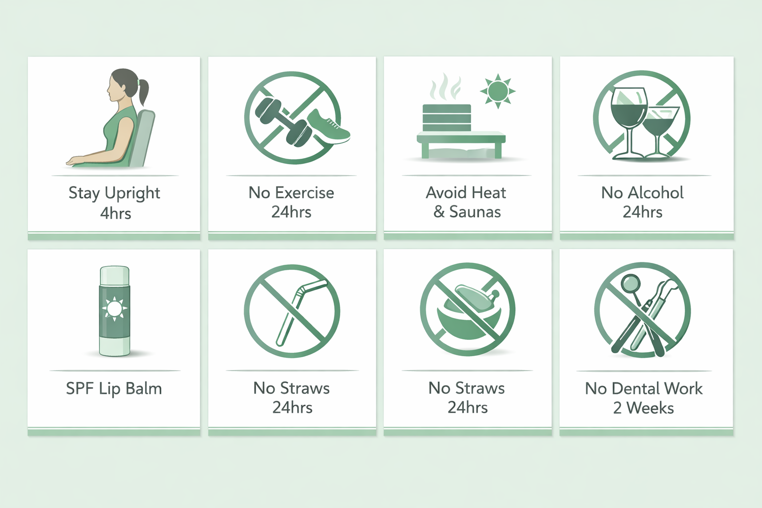 Lip flip aftercare tips including avoiding exercise, heat, alcohol and using SPF lip balm
