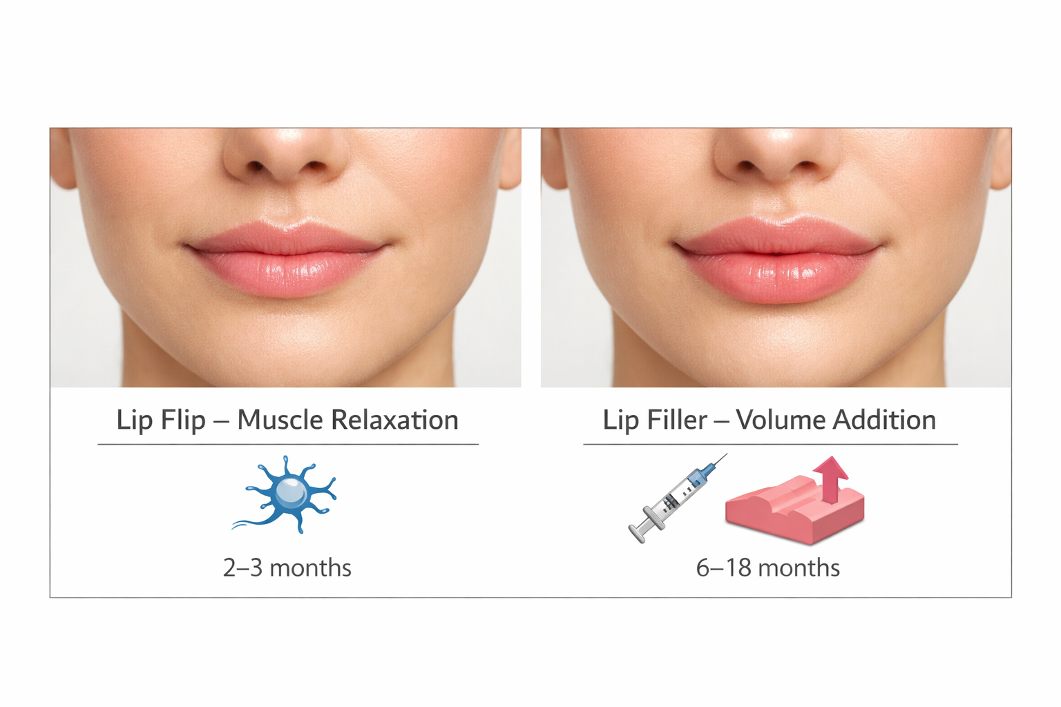 Side-by-side comparison of lip flip muscle relaxation versus lip filler volume addition