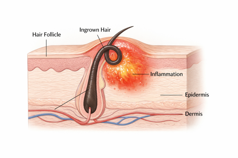 Cross-section illustration of an ingrown hair curling back into the skin follicle causing