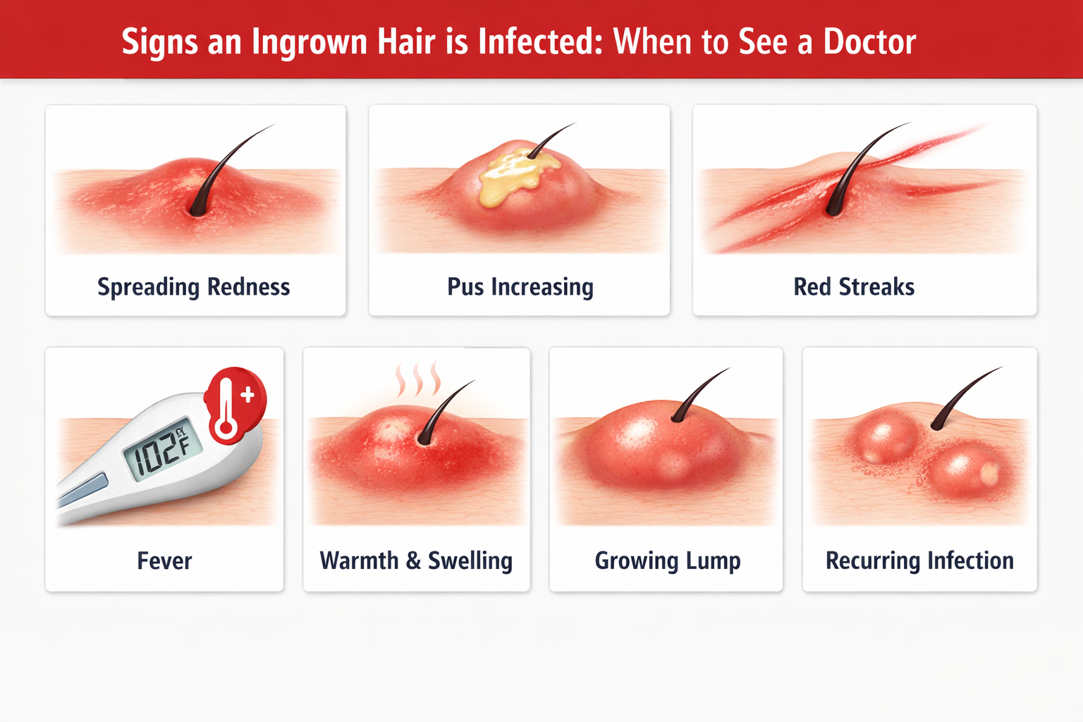 Warning signs of an infected ingrown hair that require medical assessment