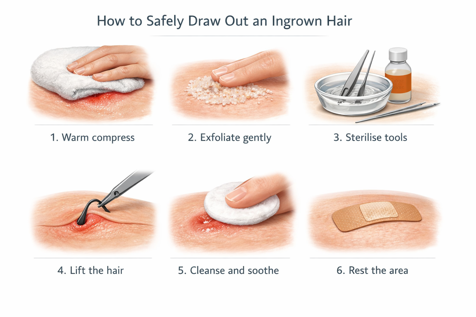 Six-step illustrated process for safely drawing out an ingrown hair at home