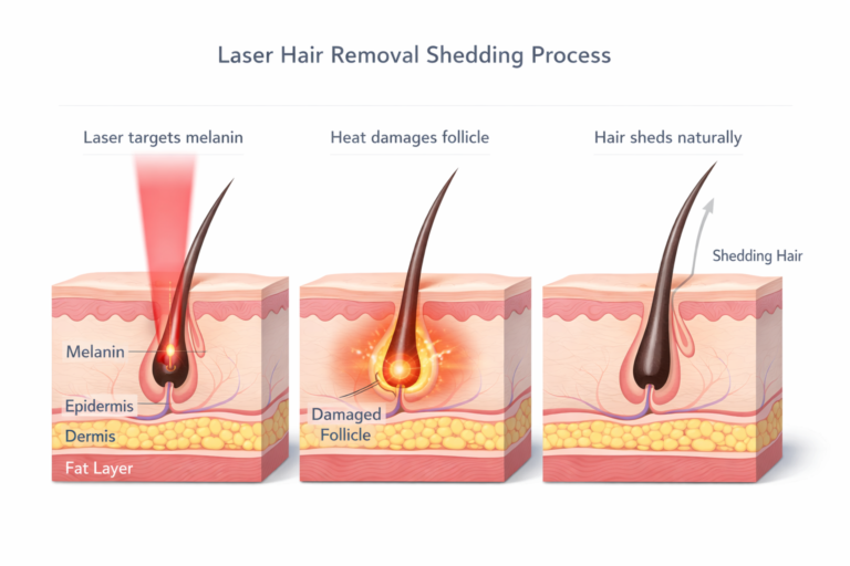 Illustration of laser hair removal shedding process showing follicle damage and hair expulsion
