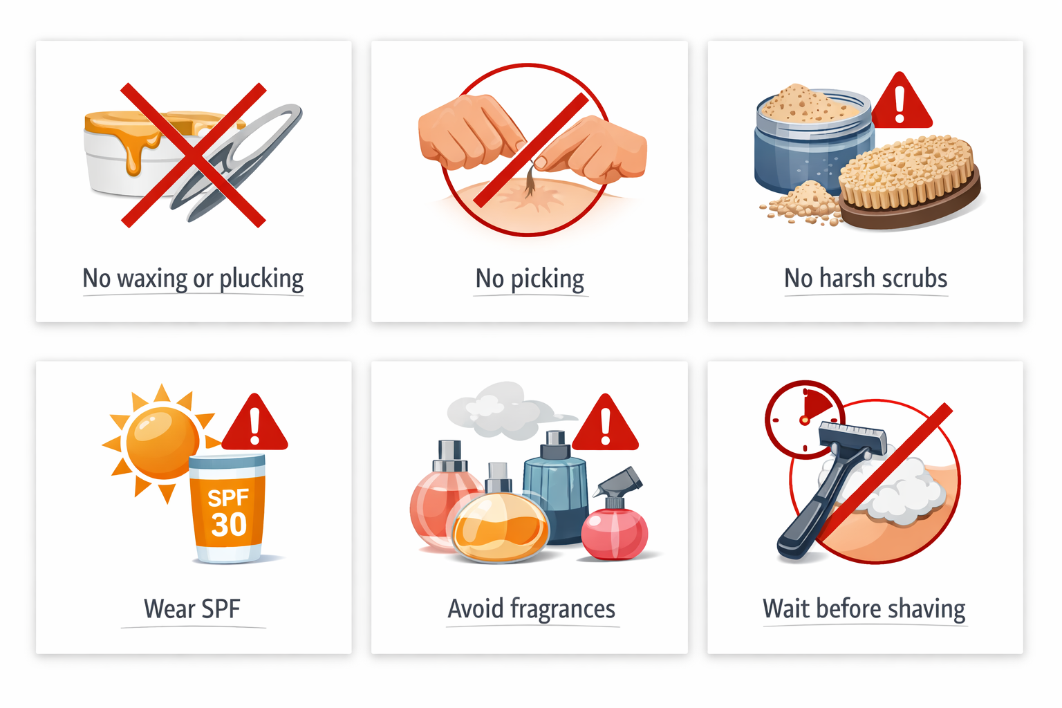 Six icons showing what to avoid during laser hair removal shedding phase