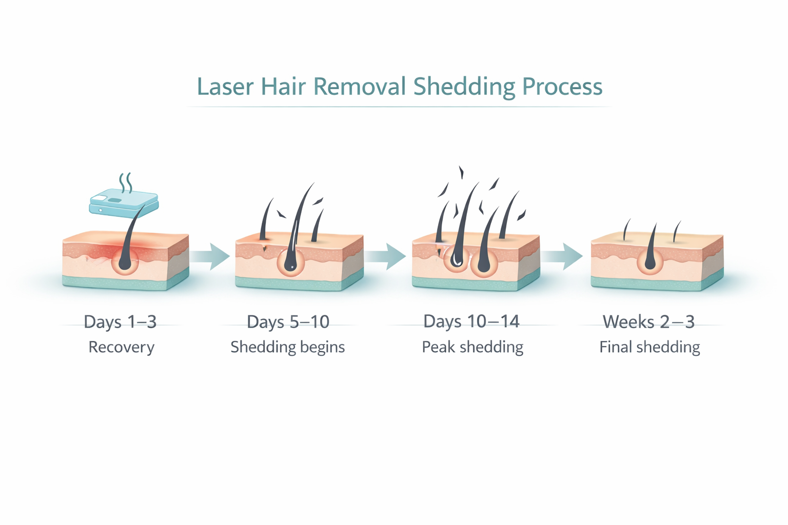 Timeline infographic showing laser hair removal shedding stages from days 1 to 3 weeks