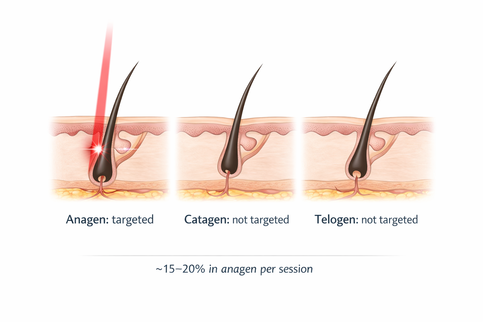 Diagram of hair growth cycle showing anagen catagen telogen phases and laser targeting anagen only
