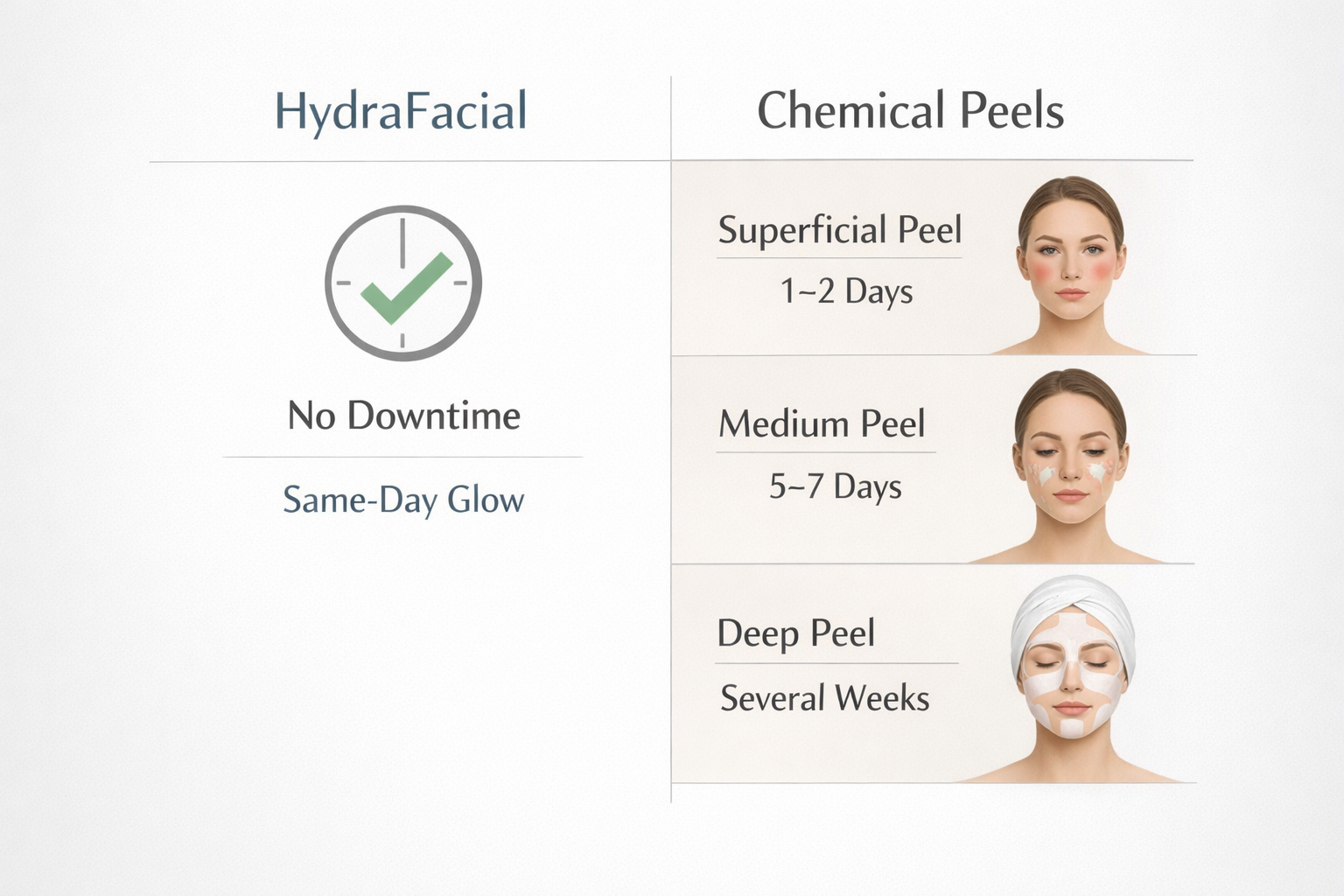 Downtime comparison infographic for HydraFacial versus superficial, medium and deep chemical peels