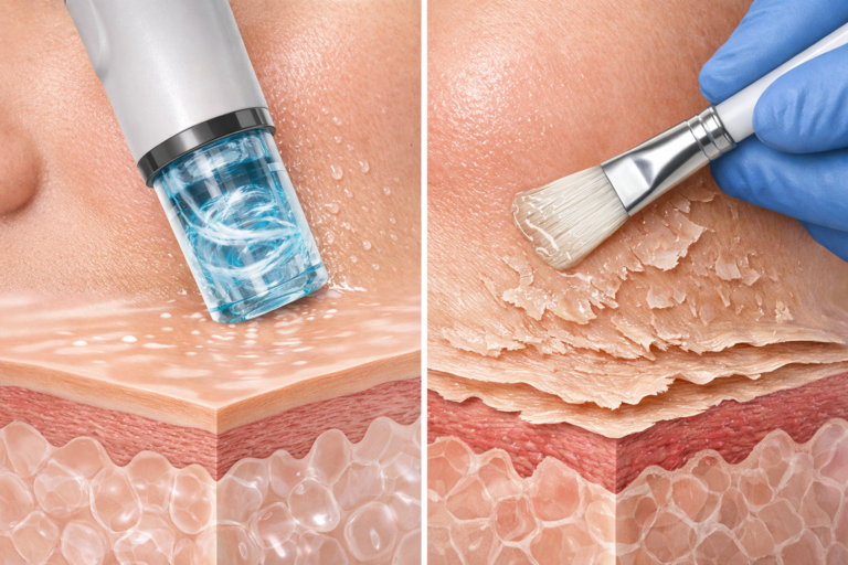 HydraFacial vs chemical peel side-by-side treatment comparison illustration