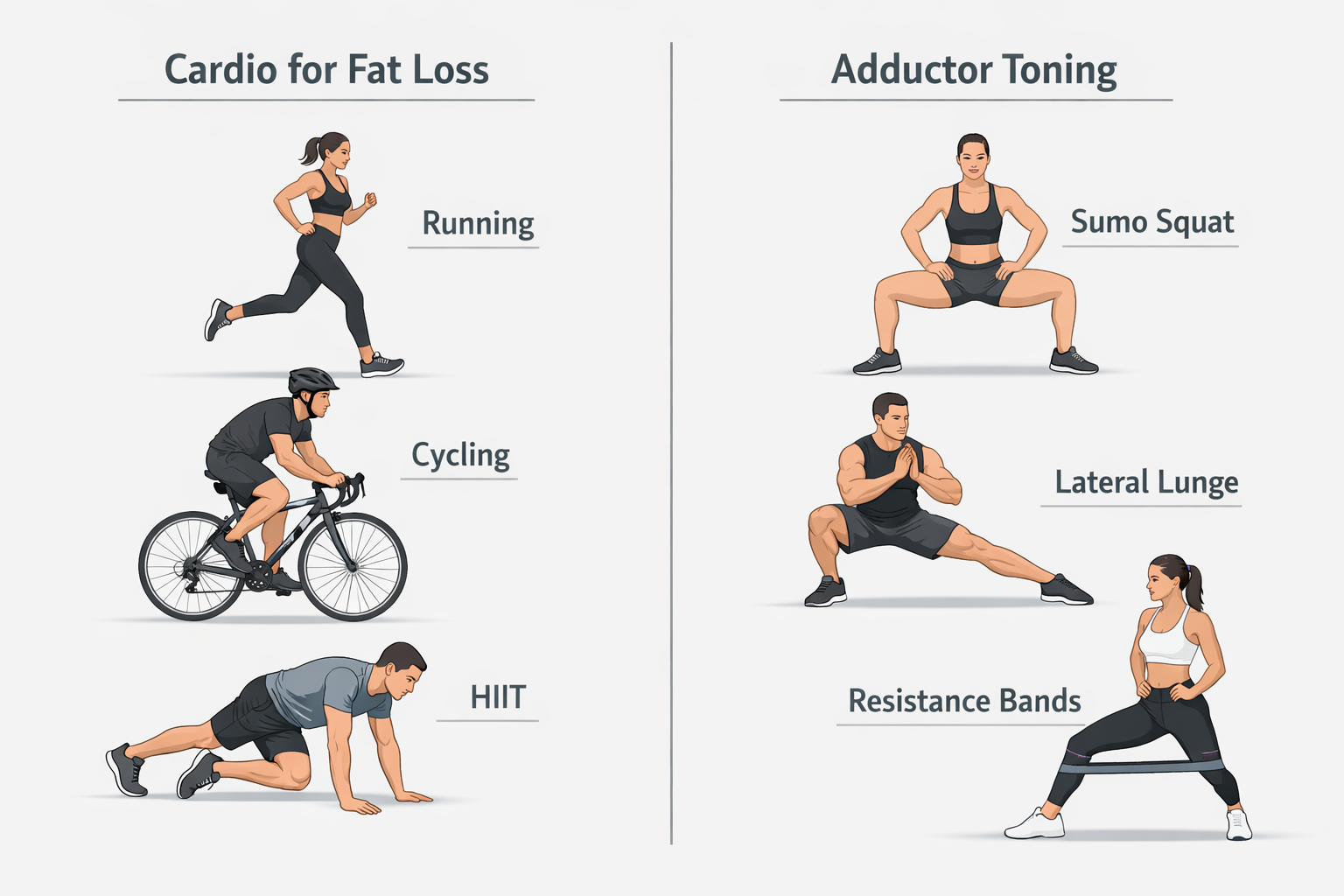 Infographic showing cardio exercises for fat loss and adductor exercises for inner thigh toning