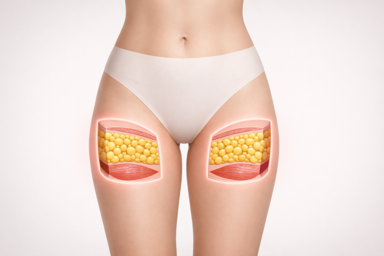 Illustration of inner thigh fat distribution showing subcutaneous fat layer on female lower body
