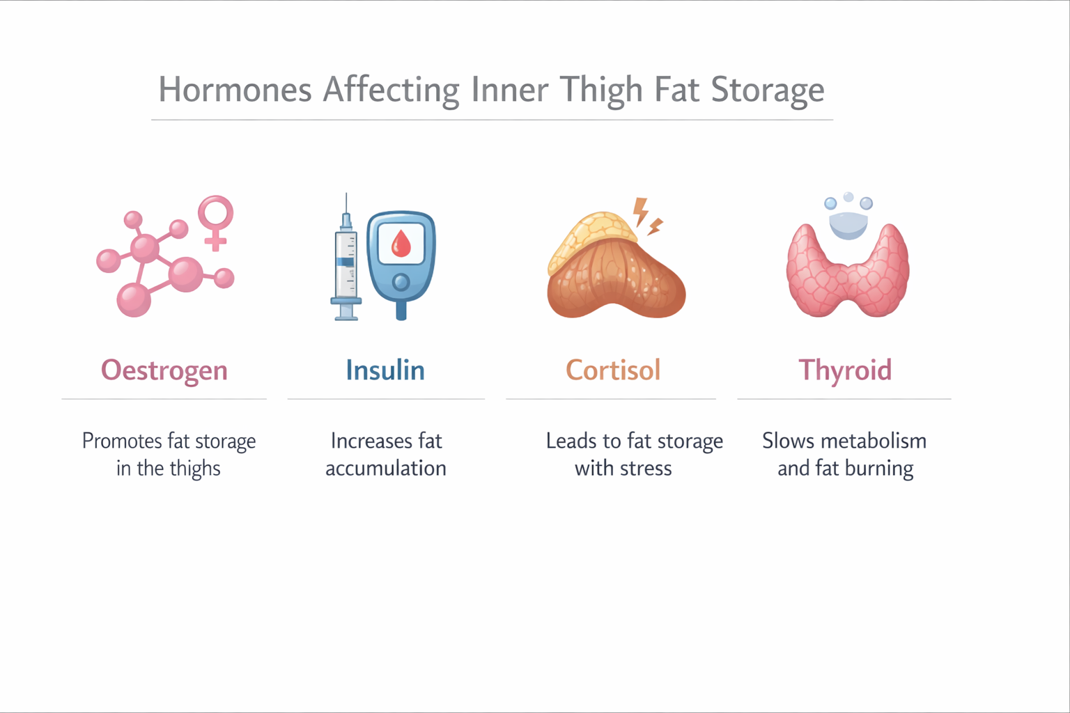 Infographic showing how oestrogen, insulin, cortisol and thyroid hormones affect inner thigh fat