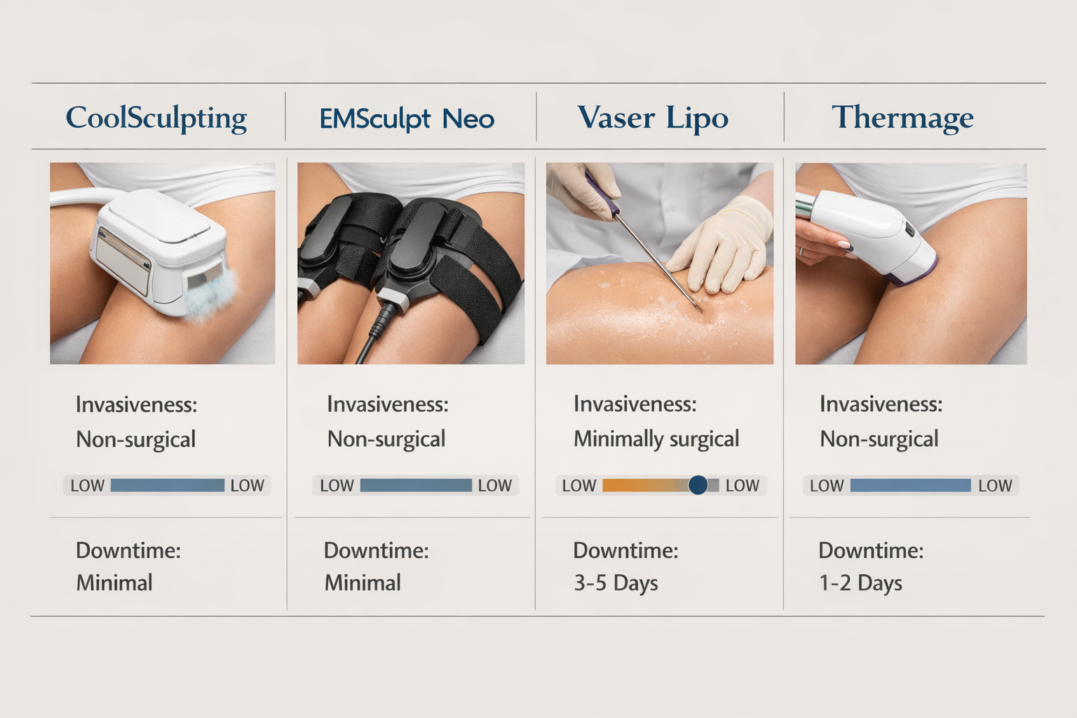 Comparison of clinical inner thigh fat treatments including CoolSculpting, EMSculpt, Vaser Lipo