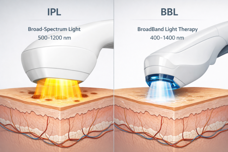 IPL vs BBL light therapy device comparison illustration showing wavelength and technology