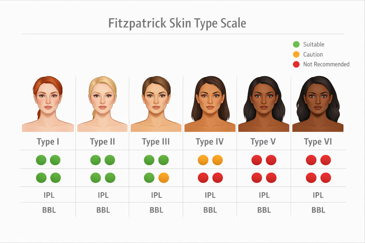 Fitzpatrick skin type scale showing IPL and BBL suitability from type I to VI