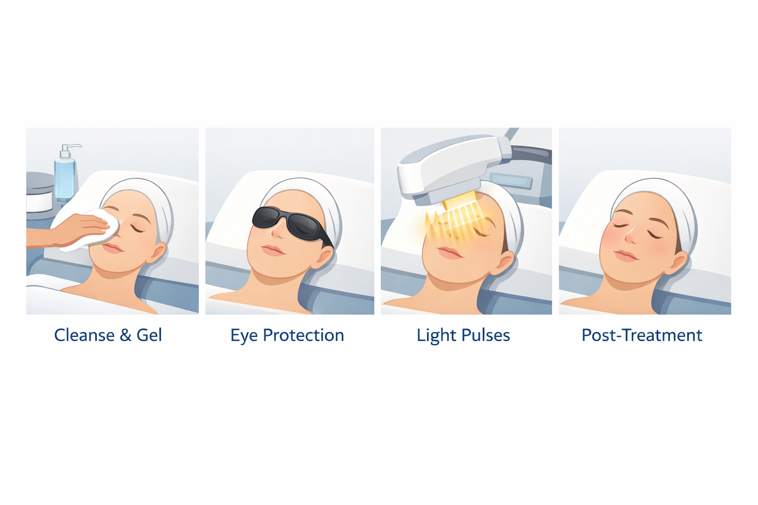 Step-by-step diagram of IPL and BBL treatment process from preparation to post-treatment