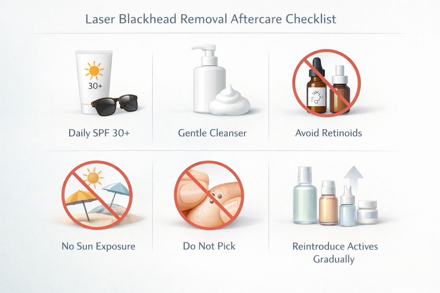 Aftercare checklist infographic for laser blackhead removal including SPF and gentle skincare tips