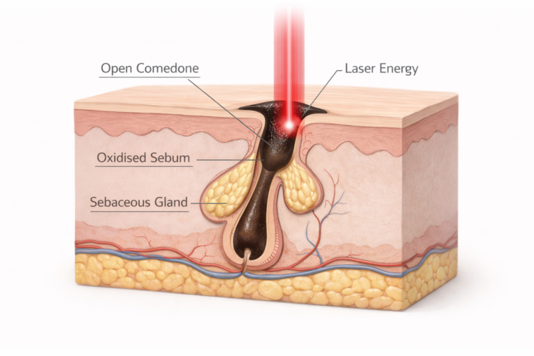 Medical illustration of laser blackhead removal targeting a hair follicle and sebaceous gland