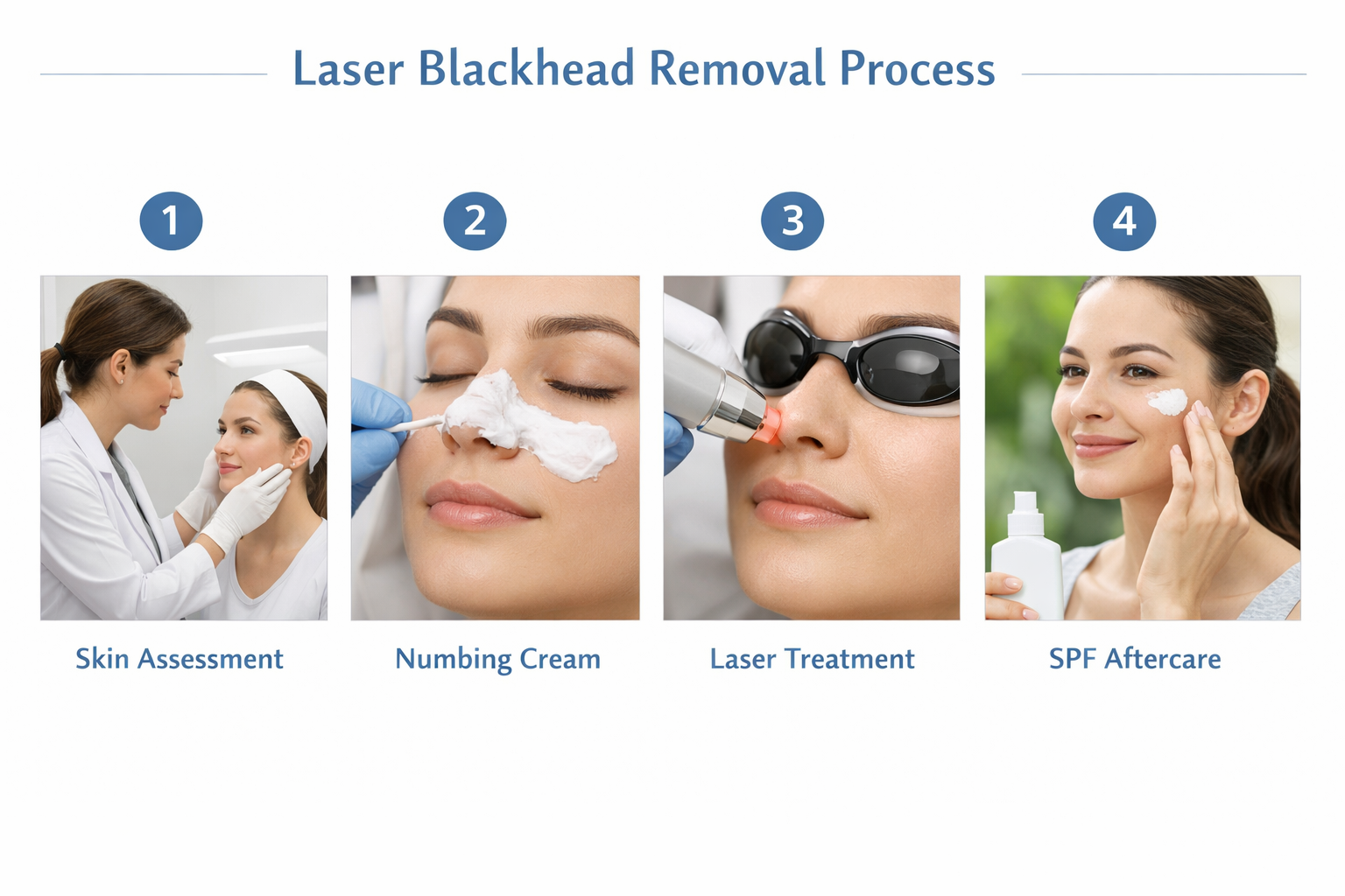 Step-by-step process of a laser blackhead removal treatment session at an aesthetic clinic