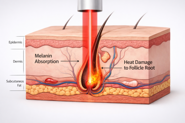 Laser hair removal back treatment illustration showing laser targeting hair follicle