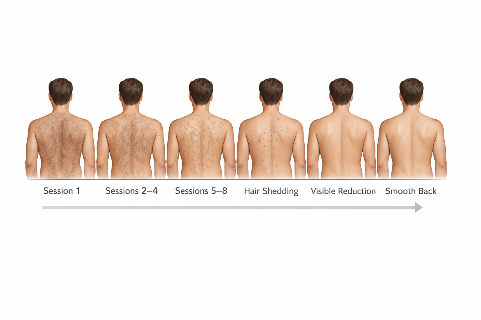 Session by session progression of laser hair removal on the back showing hair reduction