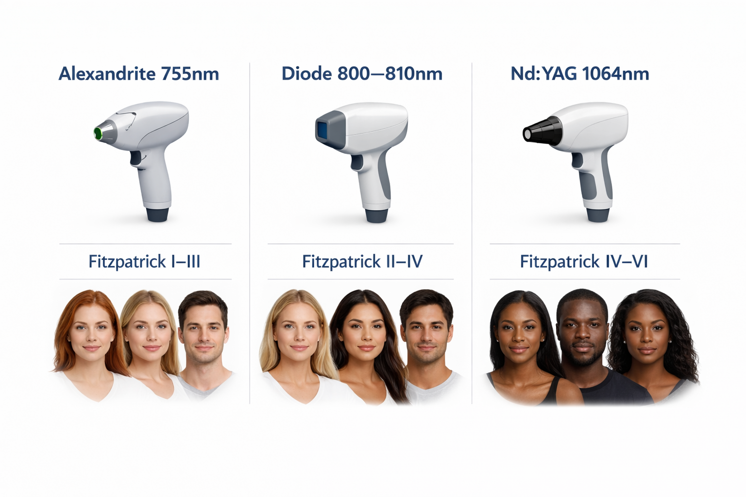 Comparison of Alexandrite, diode and Nd:YAG lasers mapped to Fitzpatrick skin types