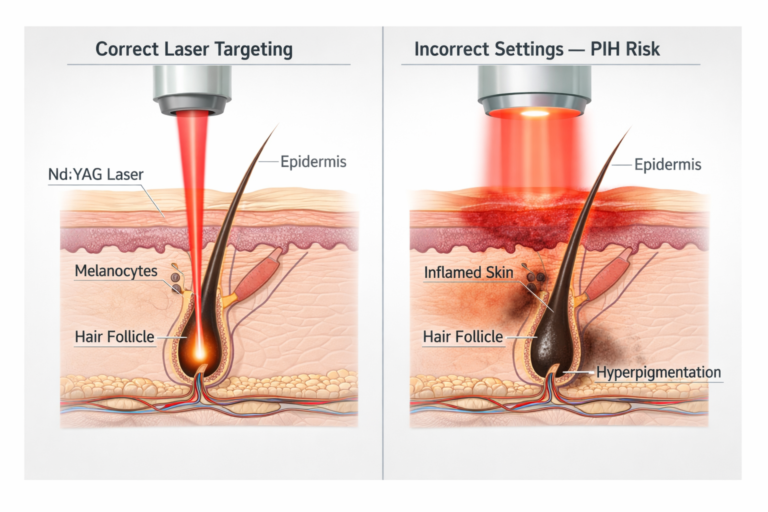 Illustration showing how laser hair removal targets hair follicle melanin and how incorrect