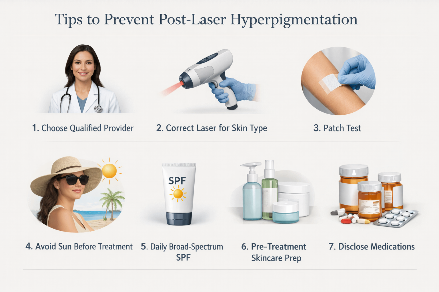 Seven-step infographic for preventing hyperpigmentation after laser hair removal