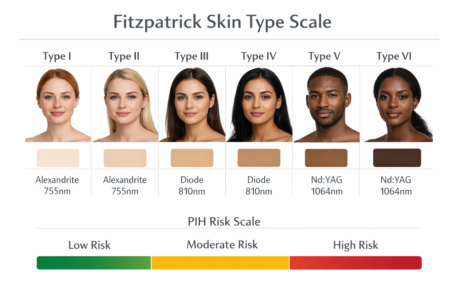 Fitzpatrick skin type scale showing recommended laser wavelengths and hyperpigmentation risk