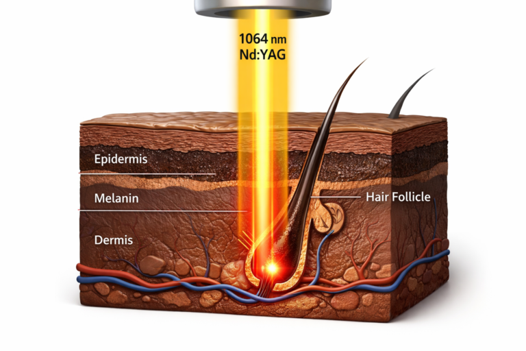 Illustration of 1064nm Nd:YAG laser safely penetrating dark skin to target hair follicle
