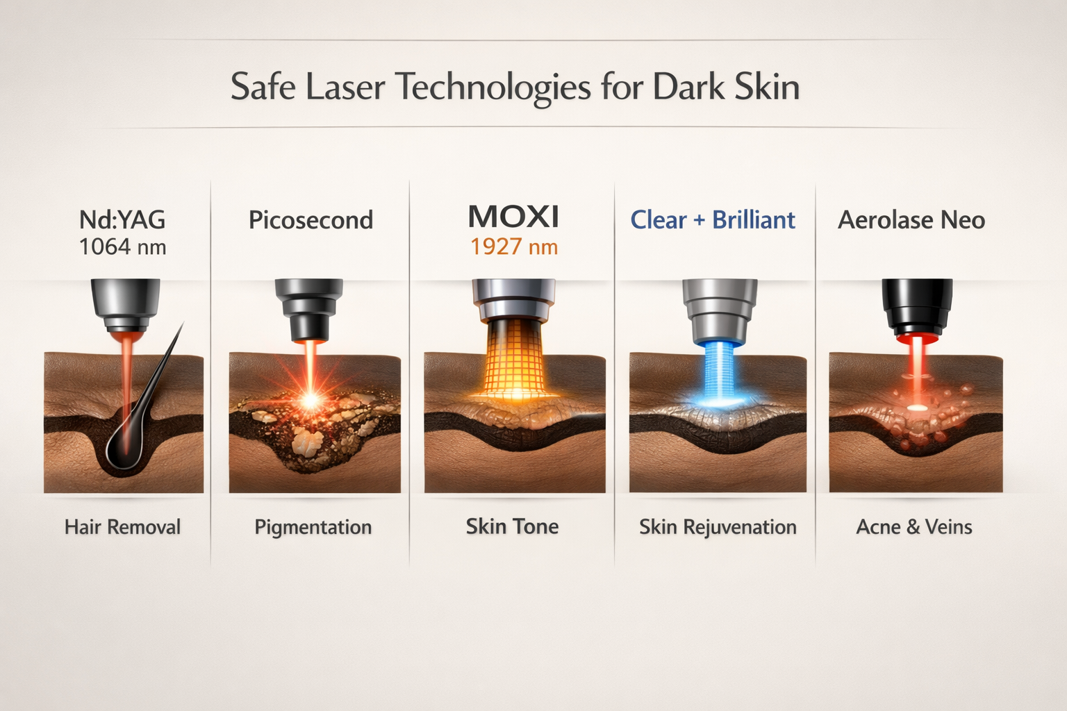 Infographic comparing safe laser technologies for dark skin including Nd:YAG and picosecond devices