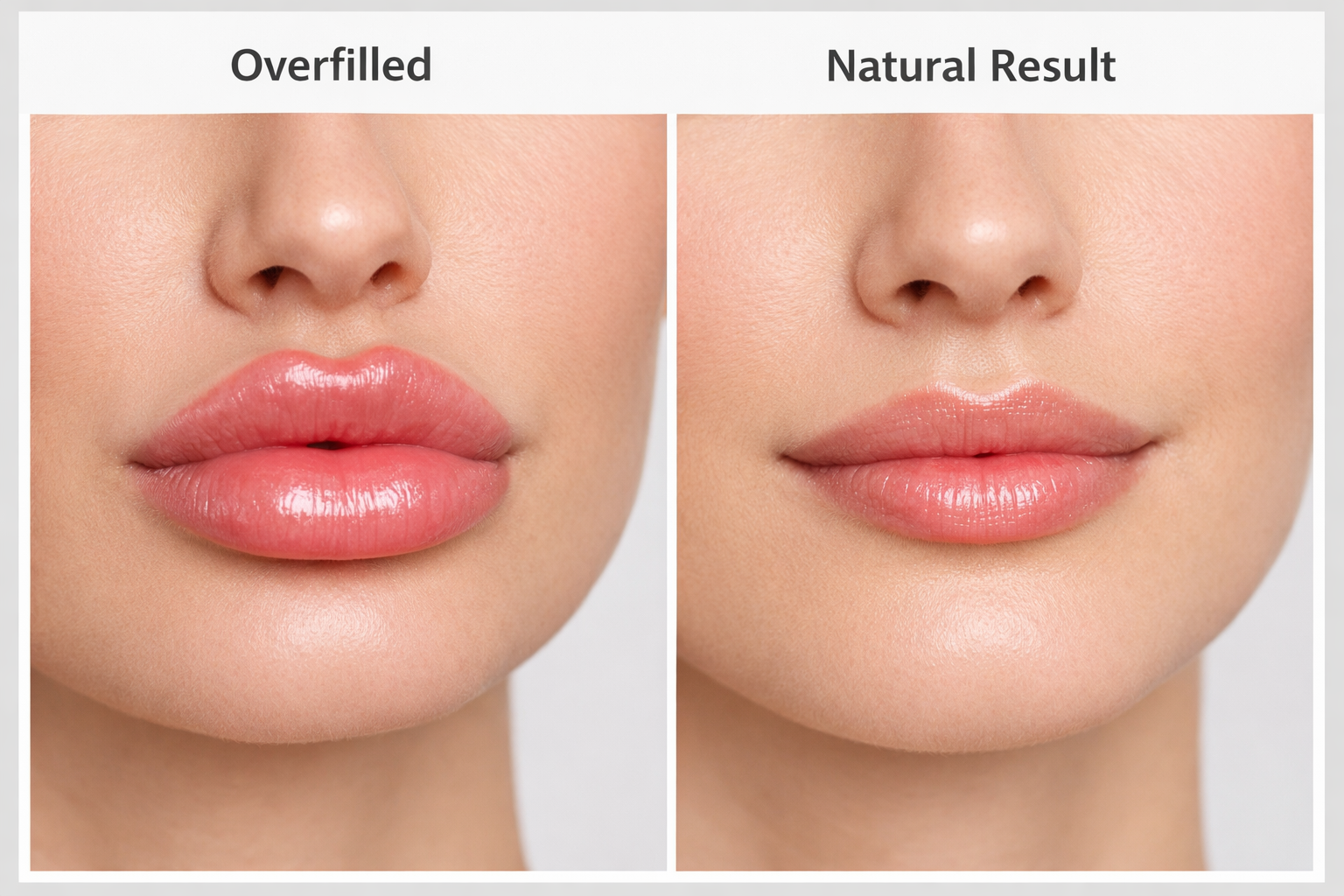 Comparison of overfilled lips versus natural-looking lip filler result
