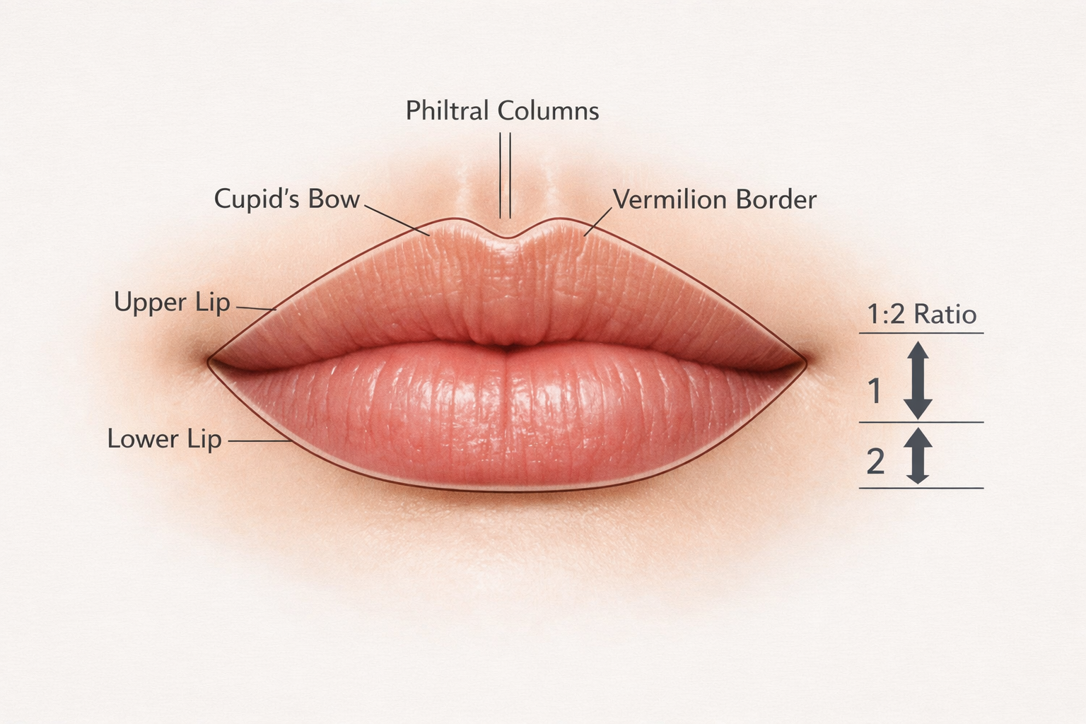 Lip anatomy diagram showing Cupid's bow, vermilion border and philtral columns