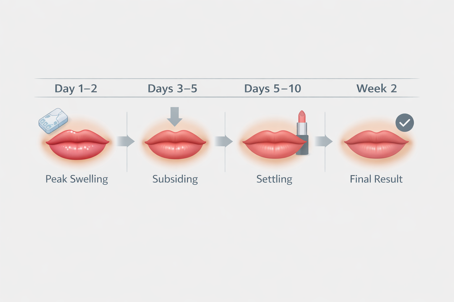 Lip filler recovery timeline from day one to two-week final result