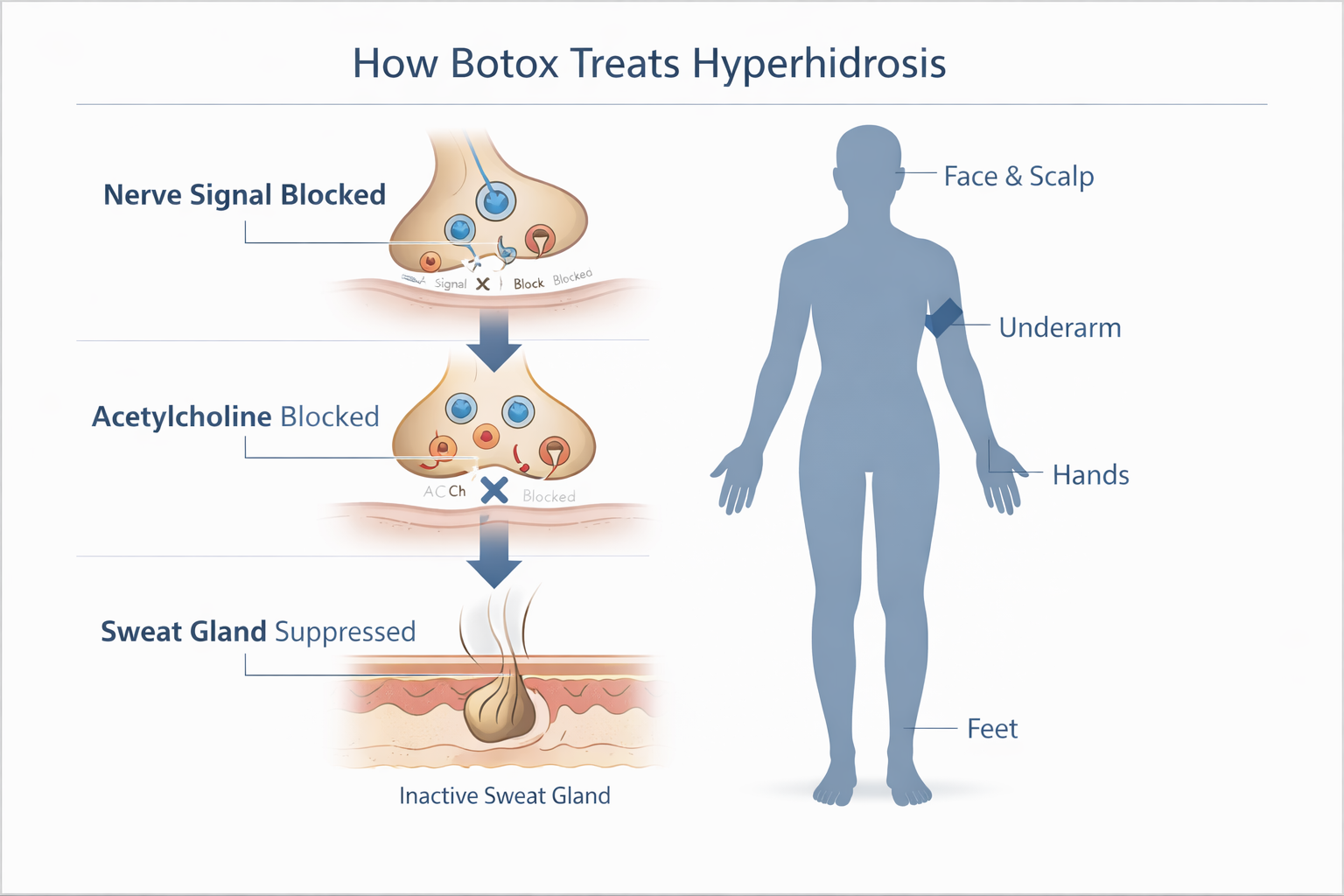 Infographic showing how Botox blocks sweat gland activity to treat hyperhidrosis in men