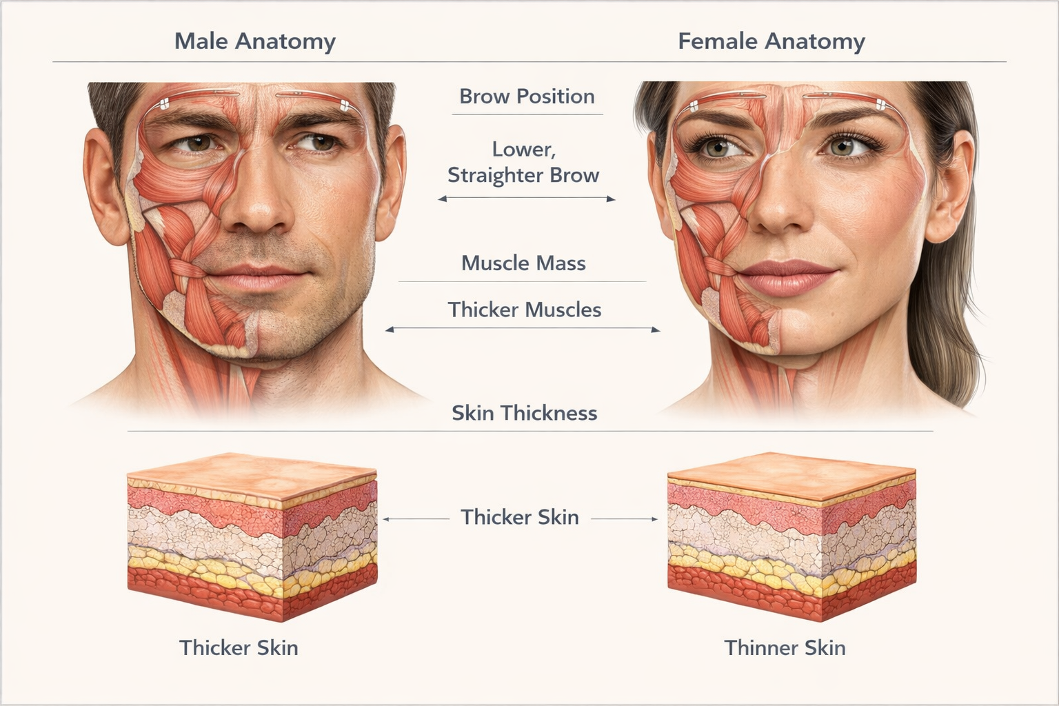 Comparison diagram of male versus female facial anatomy for Botox treatment differences