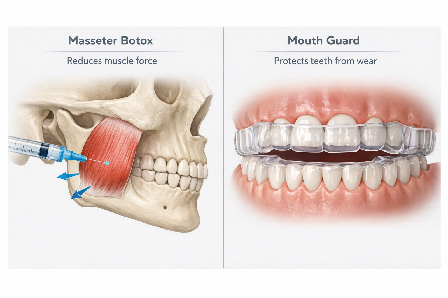 Comparison illustration of masseter Botox versus mouth guard for bruxism treatment