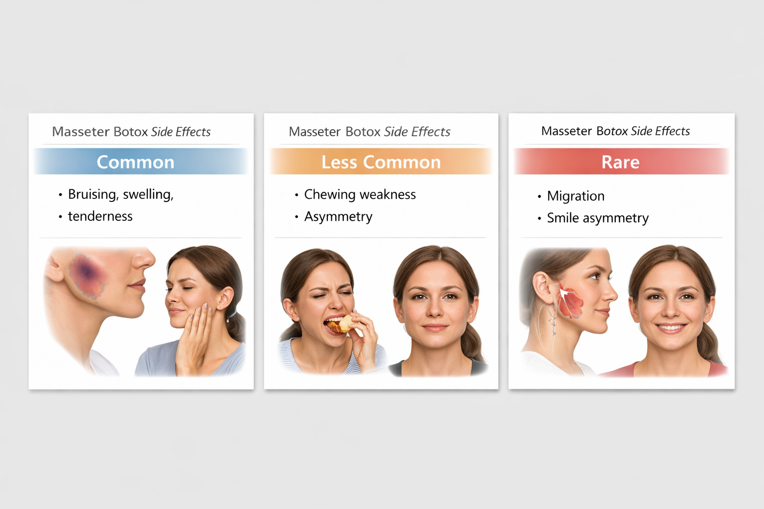 Fact cards showing common, less common, and rare side effects of masseter Botox treatment