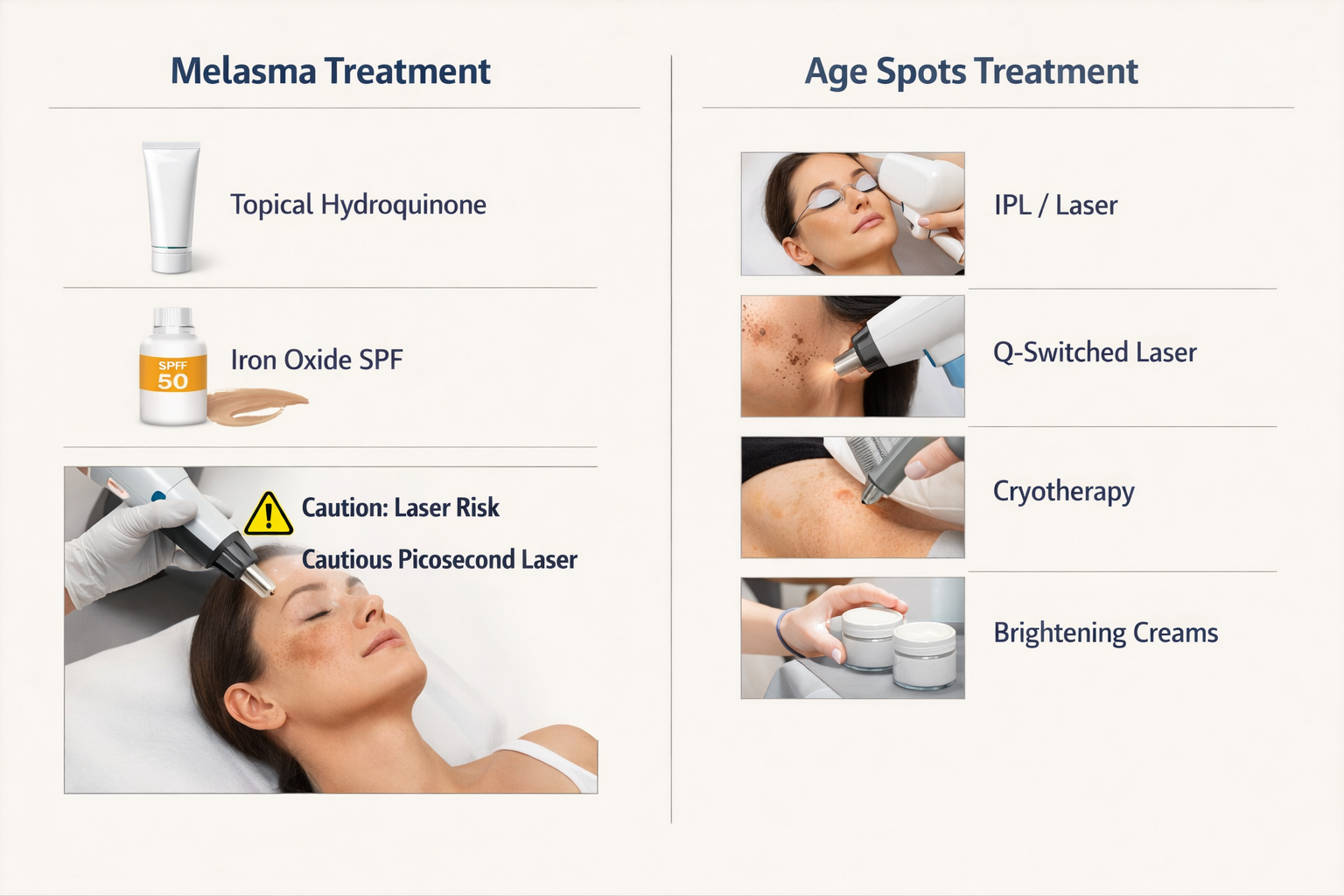 Treatment pathway comparison for melasma versus age spots showing different recommended approaches