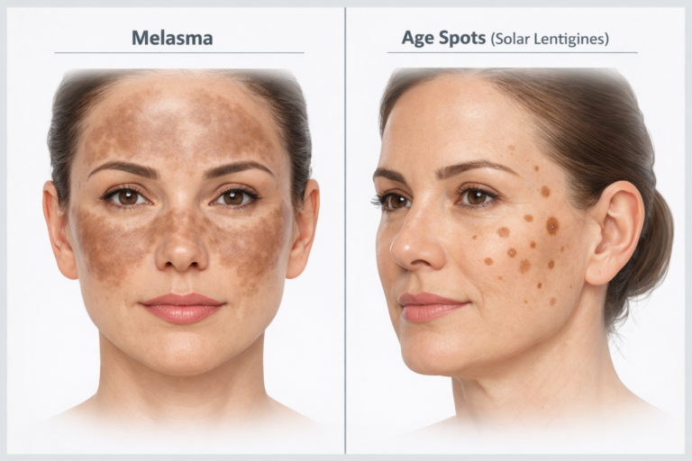Melasma vs age spots comparison showing symmetrical patches versus defined round spots on facial