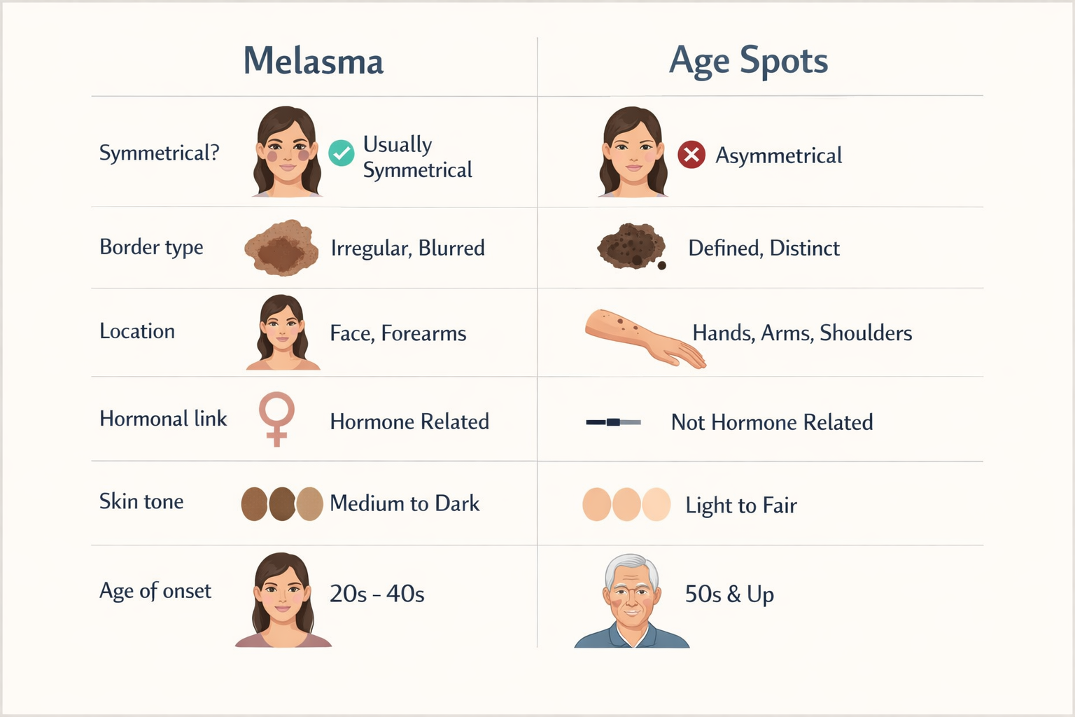 Self-check infographic comparing melasma and age spots by symmetry, borders, location, and