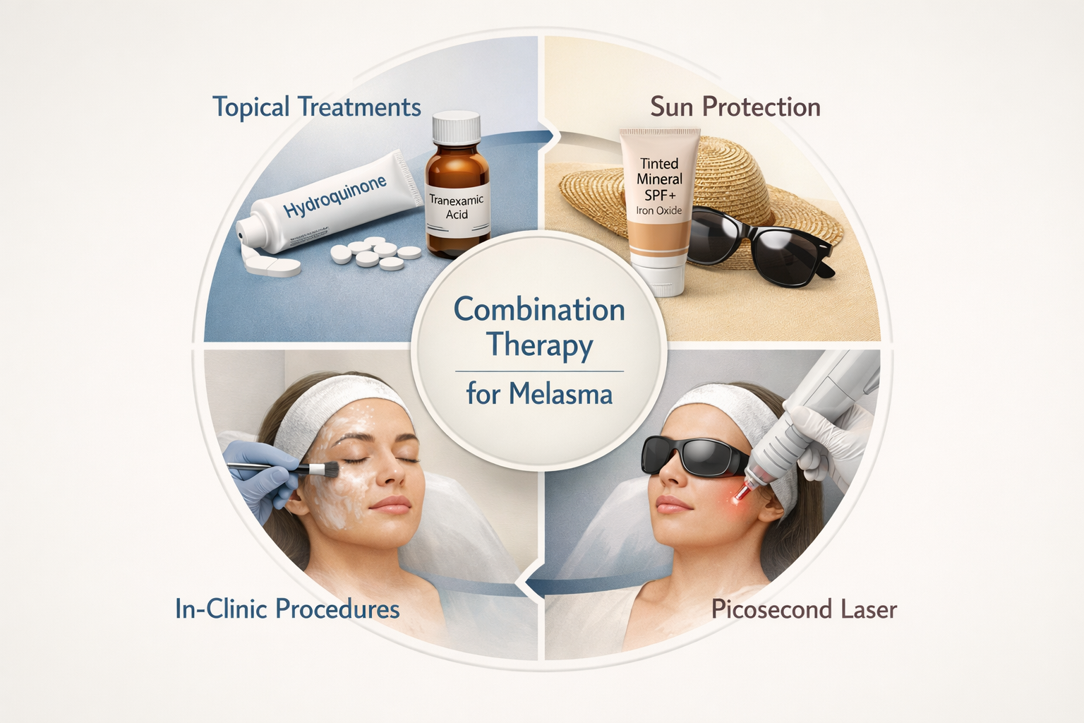 Combination therapy approach for melasma showing topical treatments, sun protection, and in-clinic