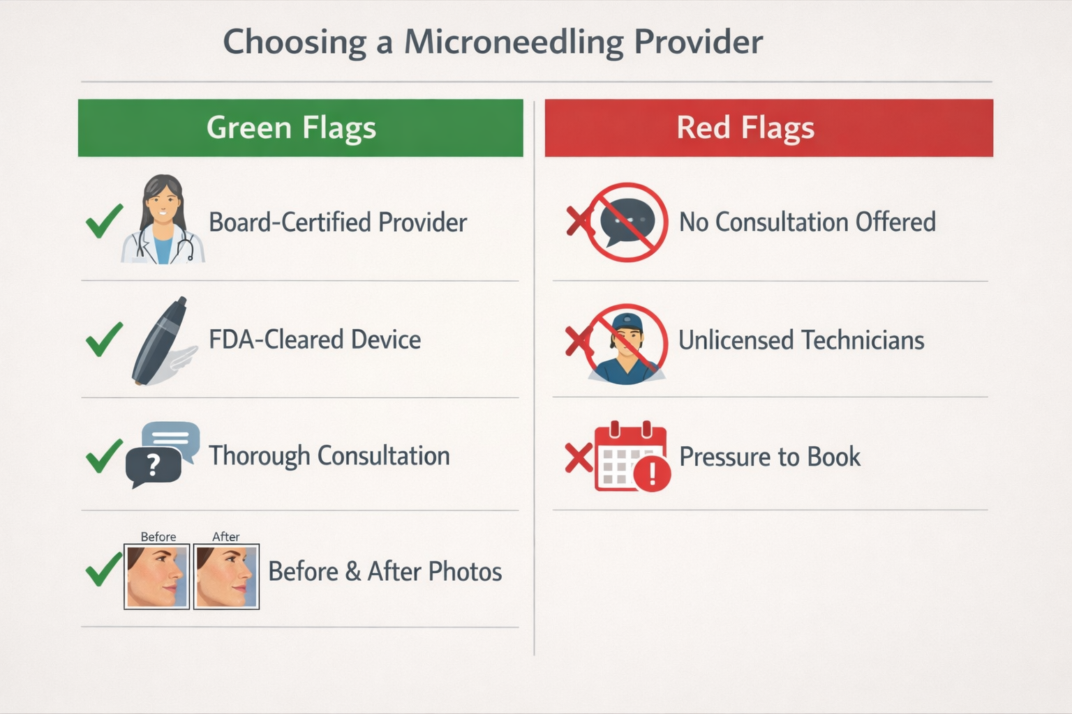 Green flag and red flag checklist for choosing a qualified microneedling provider