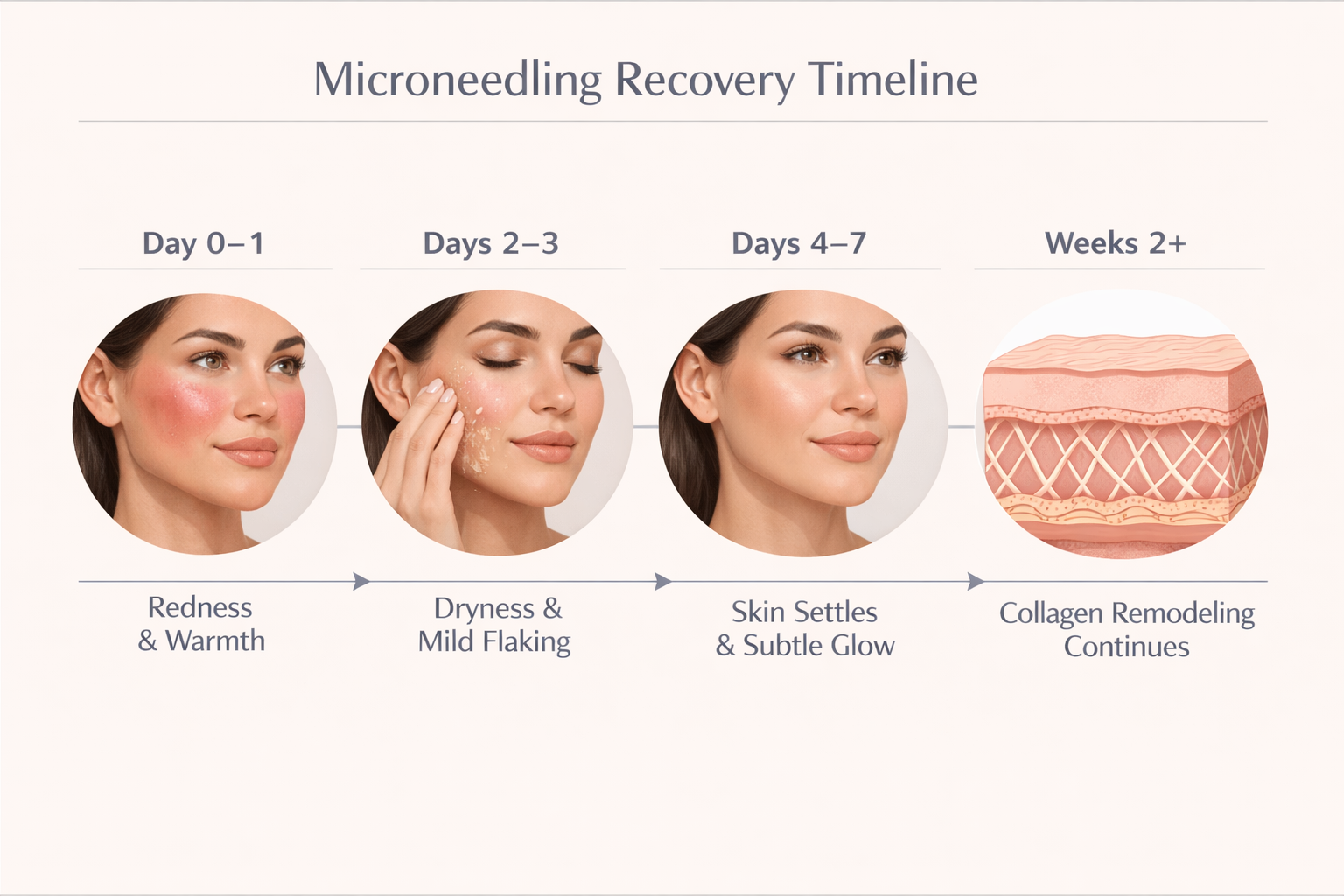 Microneedling recovery timeline showing skin changes from day 0 through week 2 and beyond
