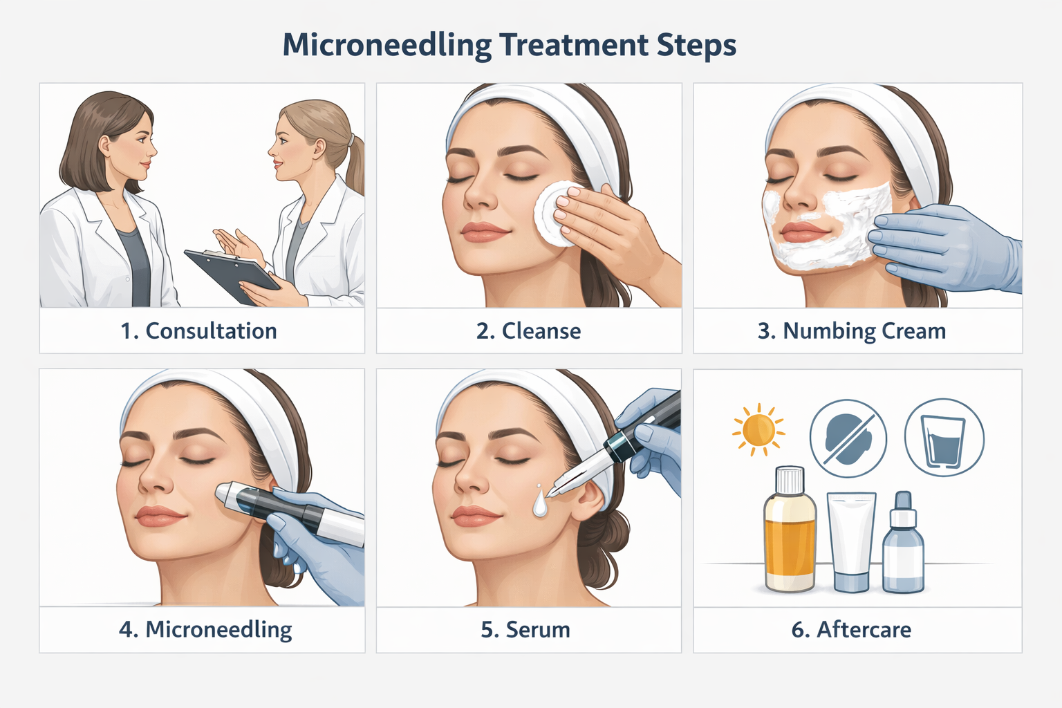 Step-by-step microneedling treatment process from consultation to aftercare