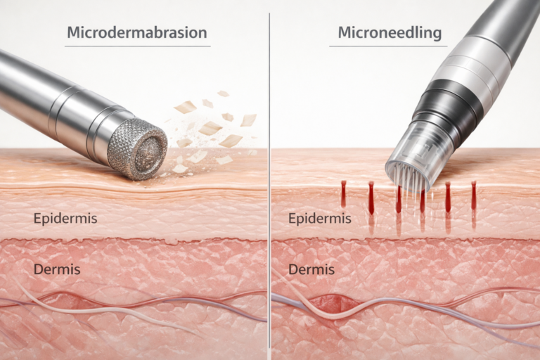 Microdermabrasion vs microneedling comparison illustration showing treatment depth differences