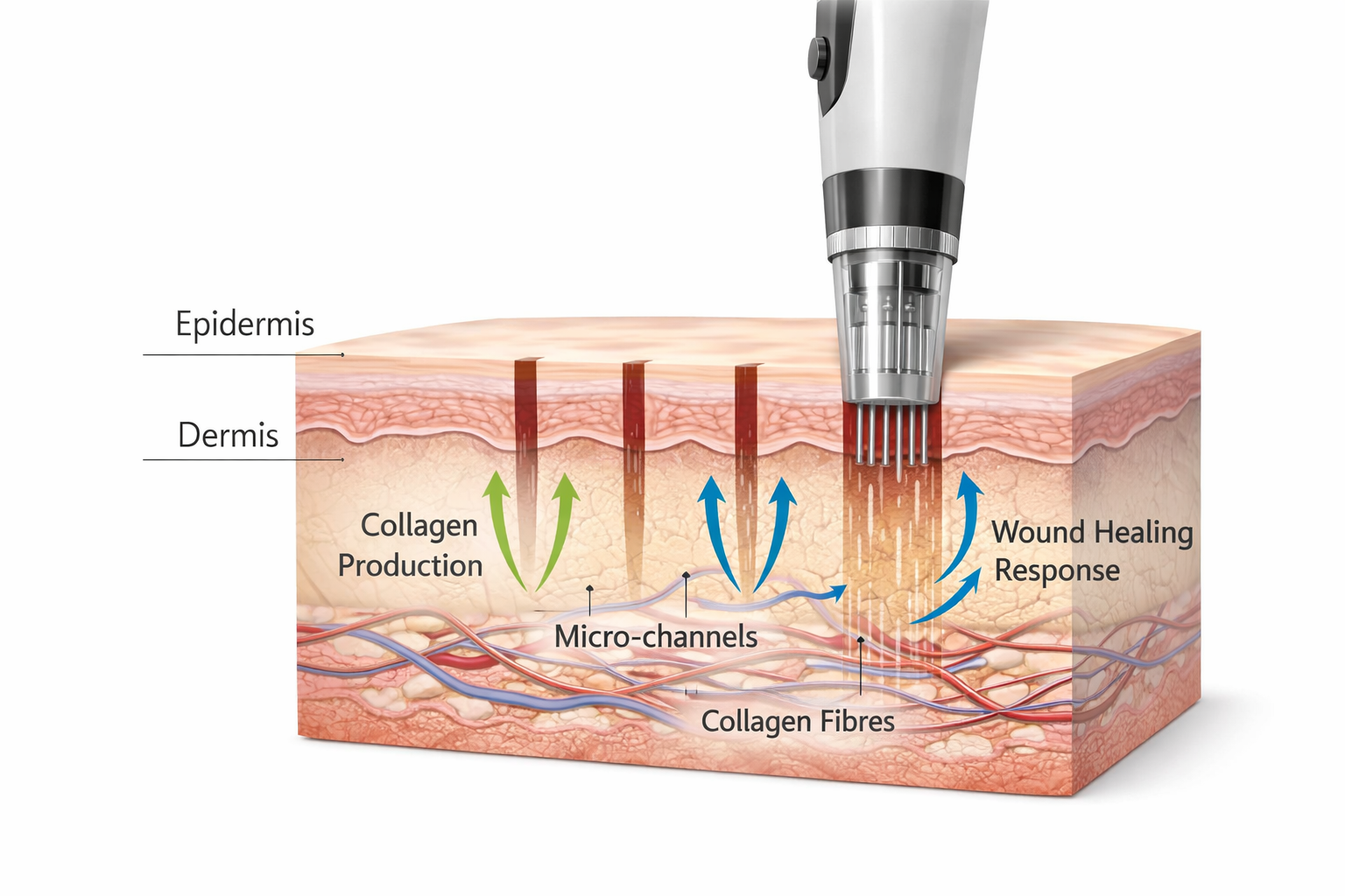 Diagram showing microneedling micro-injuries triggering collagen production in the dermis